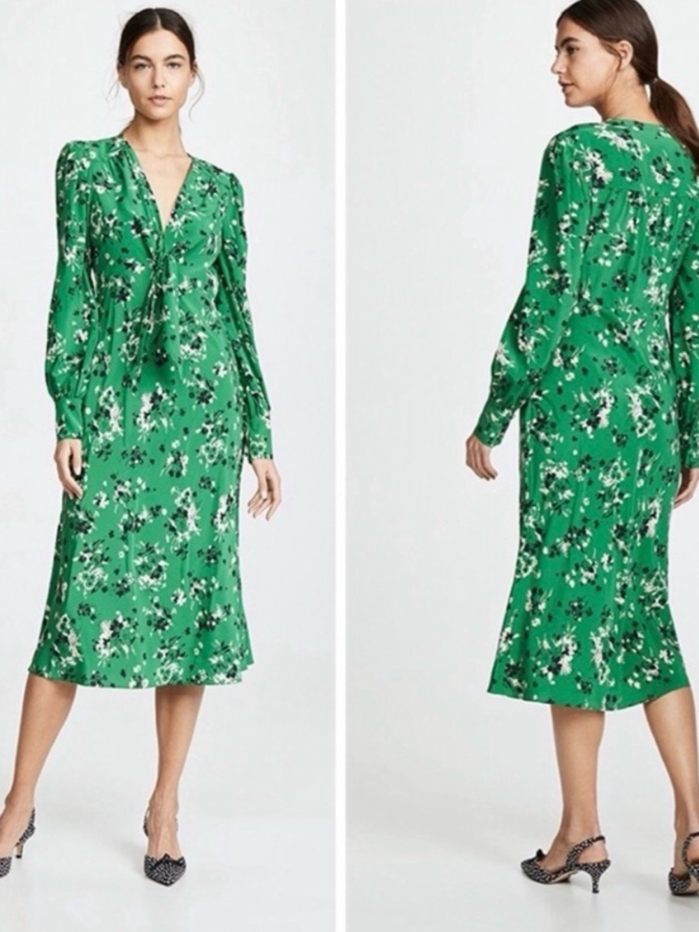 Veronica Beard Green Floral Tie-Neck Midi Dress